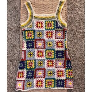 Eye Candy Crochet Granny Square Mini Dress Multi Color Boho Sleeveless One Size